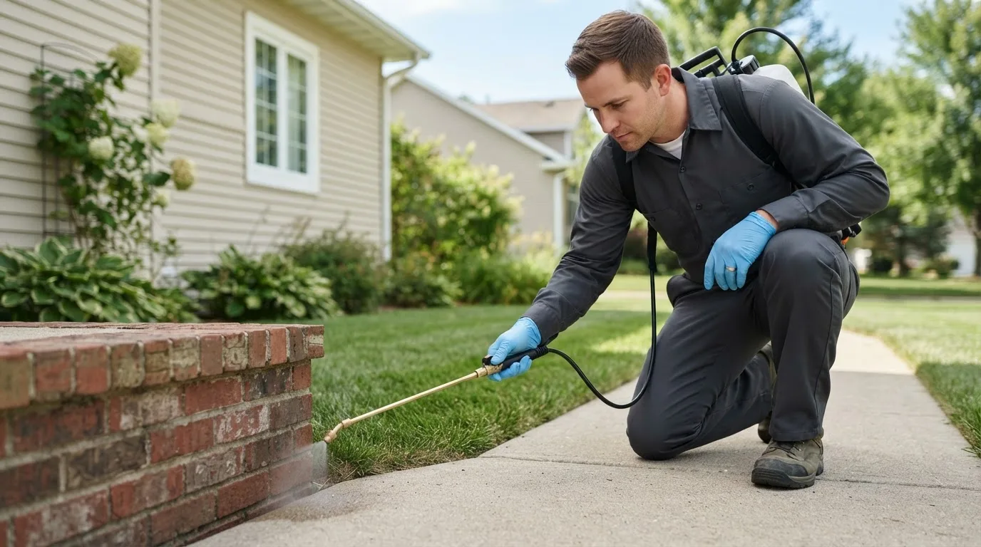 Pest control technician treating a home near Henryville, IN