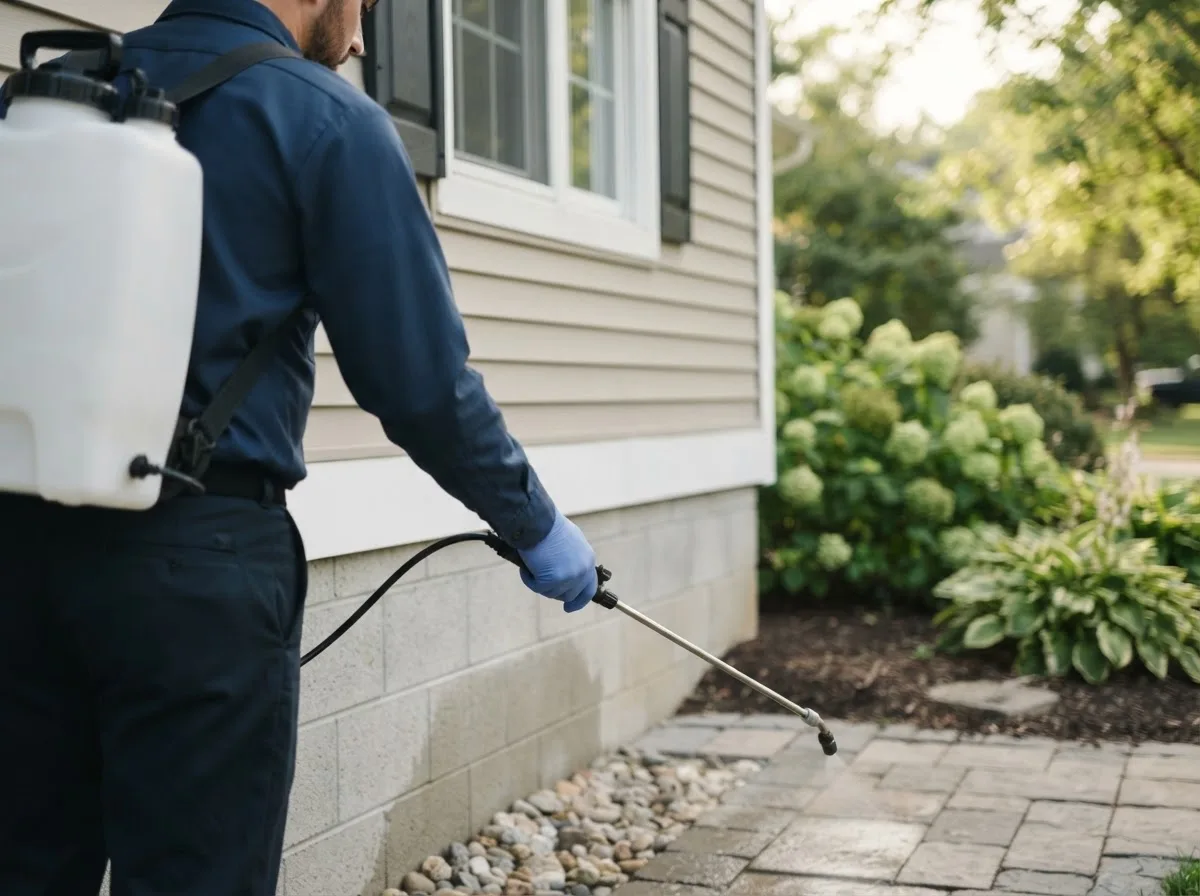 Pest control technician inspecting a home in Henryville, IN